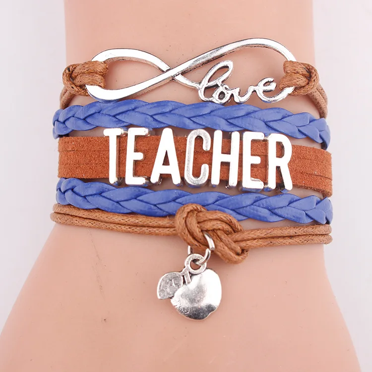 

Colorful Rope Weaving Teach Apple Love Charm Leather Braided Infinity Love Teacher Bracelet