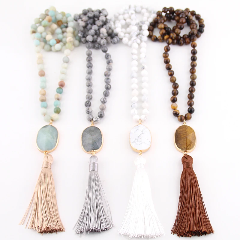 

Fashion Jewelry Natural Stones Long Knotted Stone Link Tassel Necklace, Matt or shiny stone