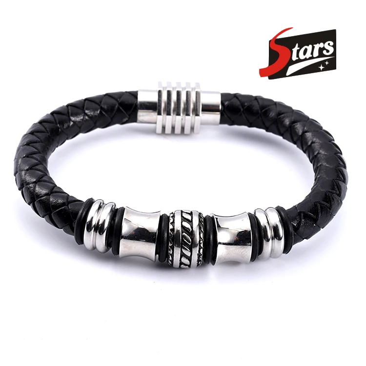 

Fashion Jewelry Stainless Steel Bead Charm Bio Magnetic Bracelet Genuine Mens Handmade Braided Leather Bracelet