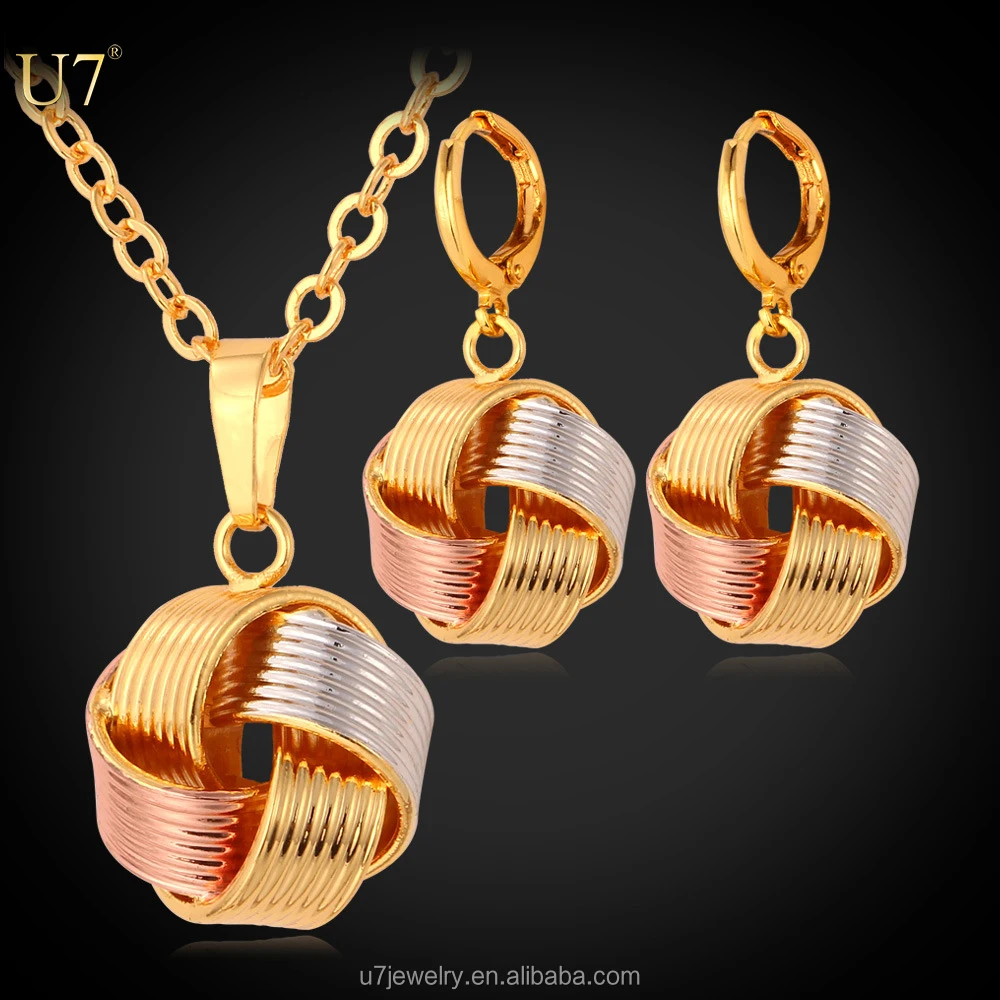 

U7 Mix Rose gold/Yellow gold plated ball Knot ladies earrings necklace women jewelry set fashion, Gold & platinum color