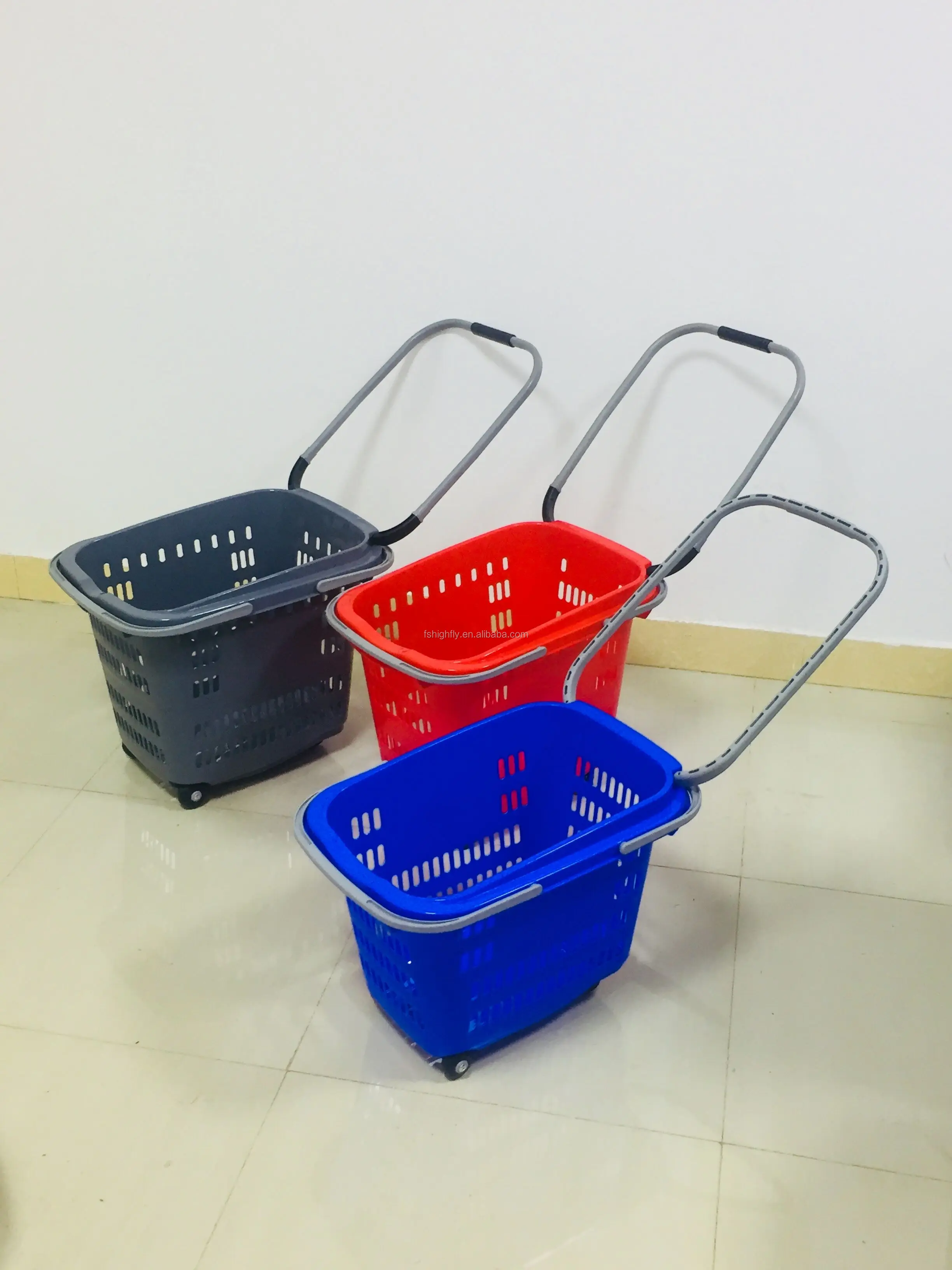 50l Supermarket Plastic Handle Rolling Basket,Plastic Trolley Rolling