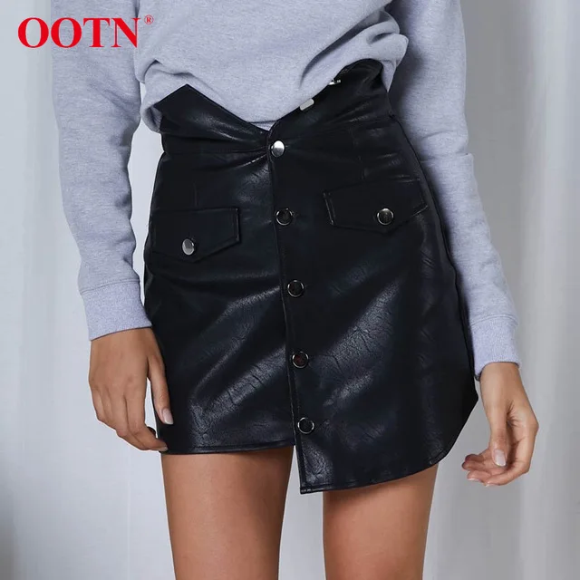 

OOTN Irregular Mini Skinny Casual Winter Women Black Skirt Button Down High Waist Sexy Short Skirts Asymmetry PU Leather Skirt