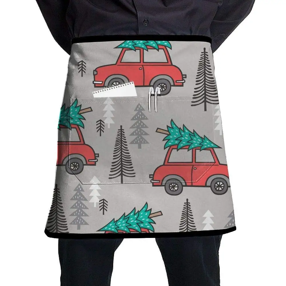 ERTOUGN22 Holiday Christmas Tree Red Car Universal Unisex Women Men Kitchen Cooking Waist Apron Short Apron Waiter Apron with One Pockets
