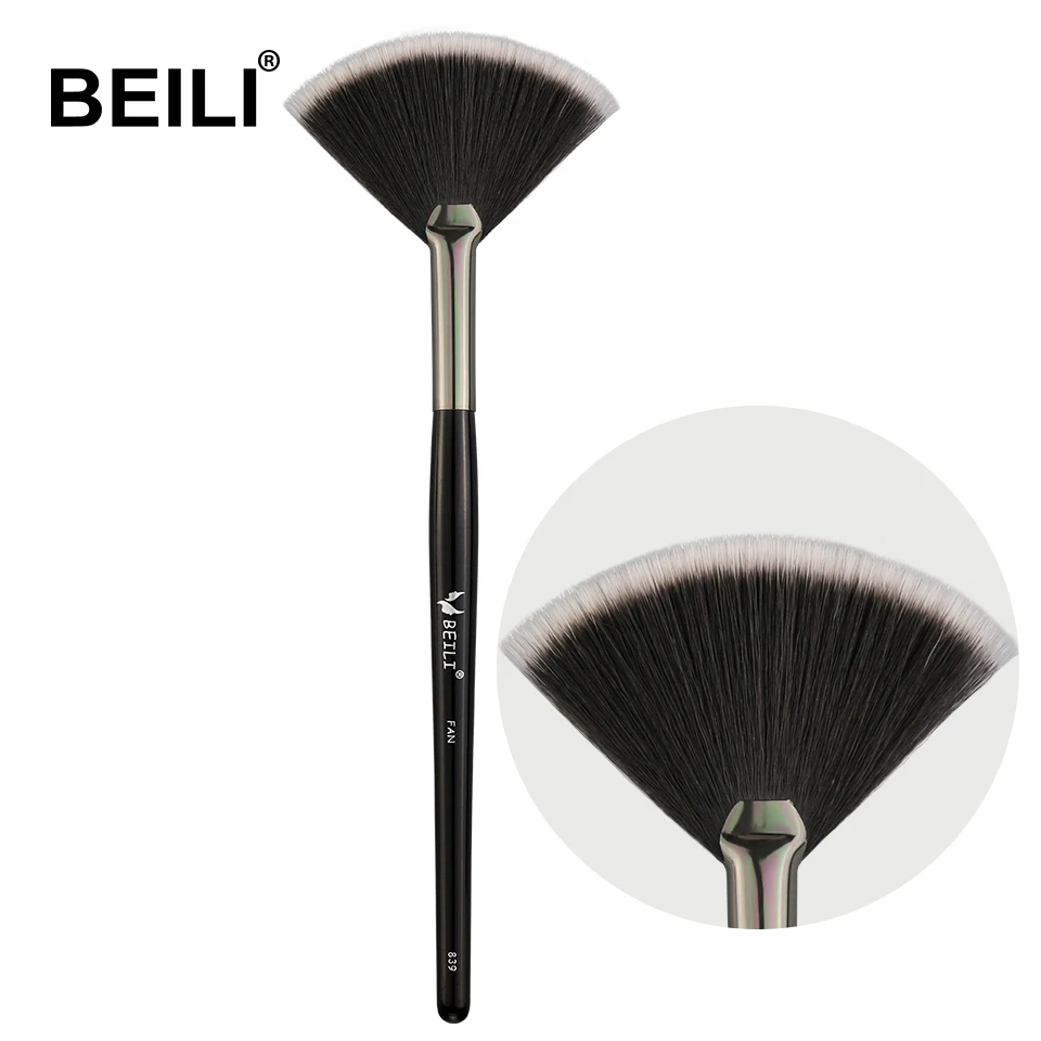 

BEILI Wholesale Professional Black Fan Cosmetic Makeup Brush Vegan Synthetic Hair Wood Handle Box Pack Private Label Customize