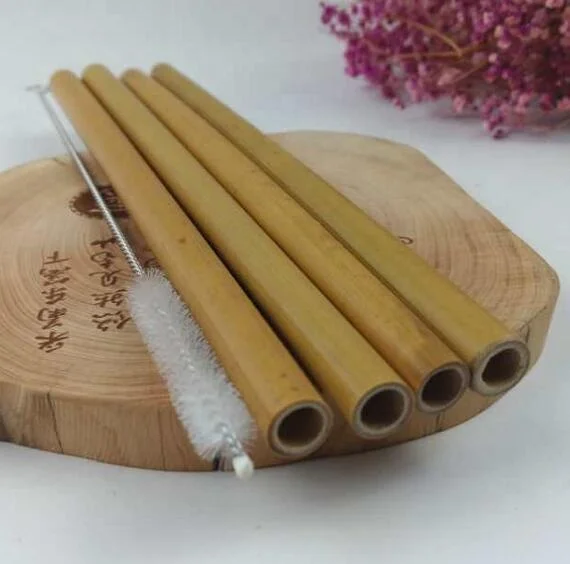 

Customized Logo Bamboo Straw Wholesale Natural Bamboo Drinking Straws In Bulk With Cleaning Brush, Yellow