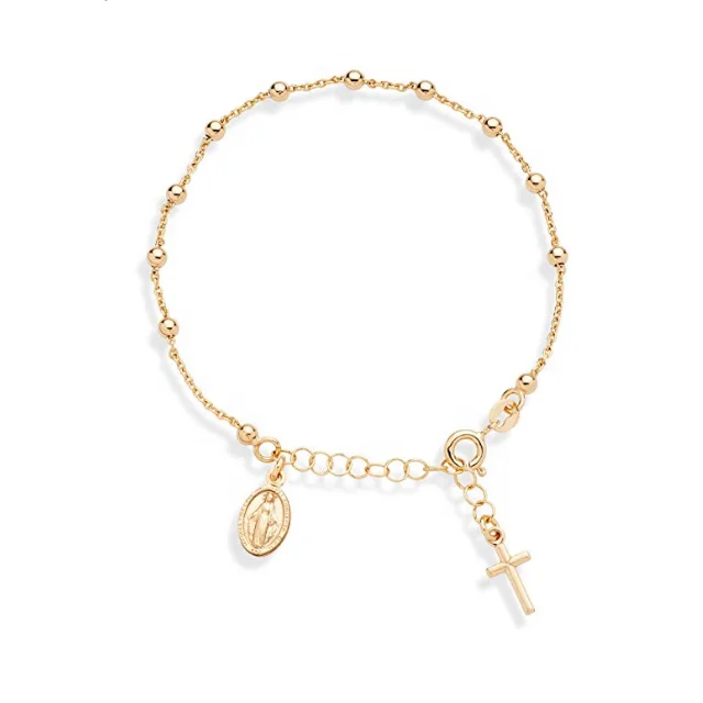 

18k Gold Plated Stainless Steel Italian Rosary Cross Bead Charm Link Chain Bracelet