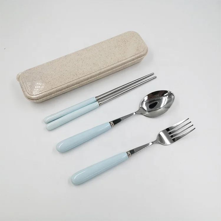 

3pcs stainless steel ceramic handle fruit fork and spoon flatware wholesale porcelain cutlery set