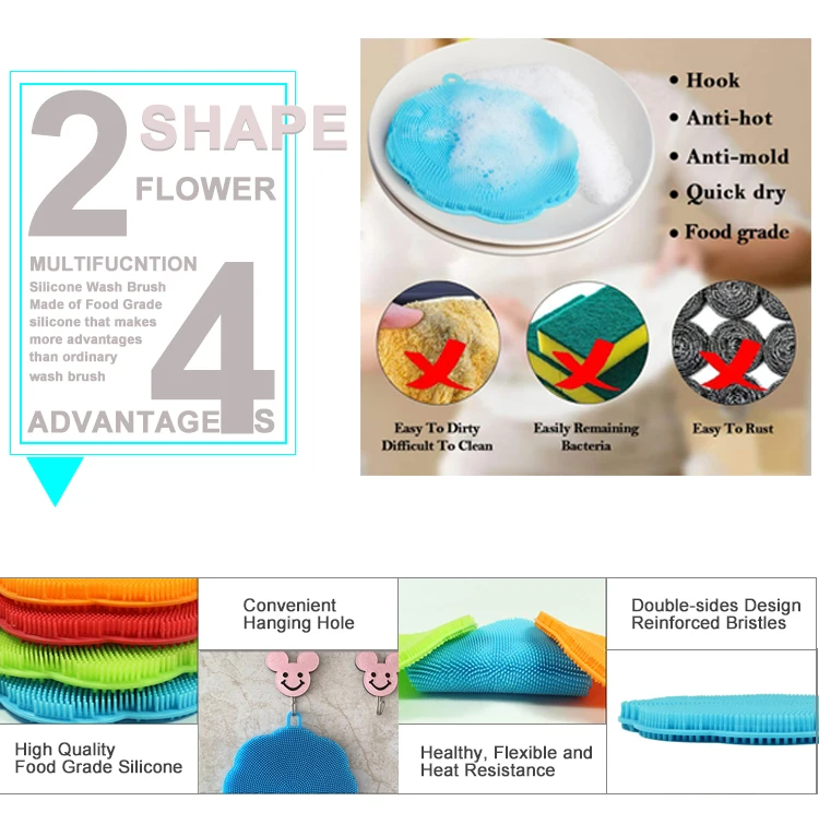 2019 New Design Silicone Kitchen Dish Wash Sponge Brush Dish Scrubber Sponge