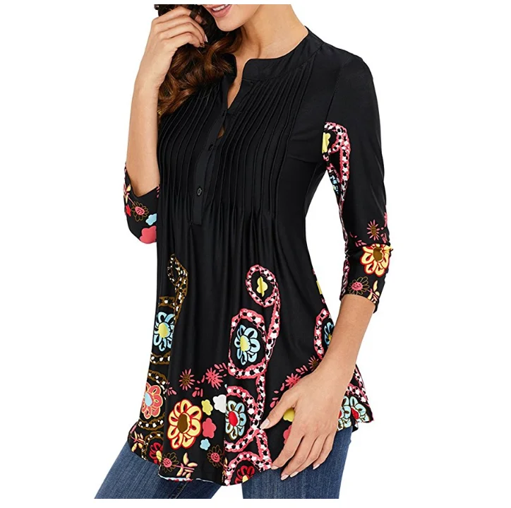 

Amazon Womens 3/4 Sleeve Round Neck Floral Tunic Tops Loose Blouse Button up Shirts
