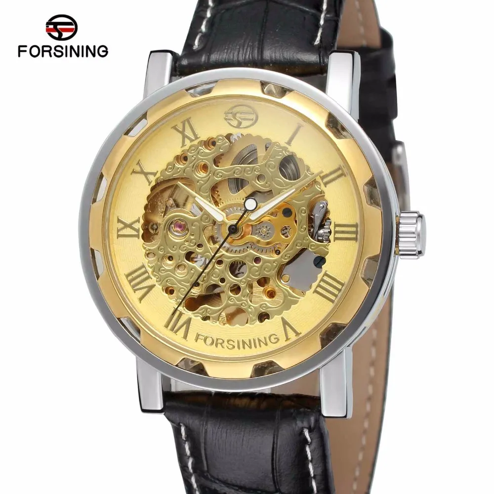 

FORSINING 112 White Face Stainless Steel Case Automatic Self Wind Calendar Big Leather Men Mechanical Skeleton Watches