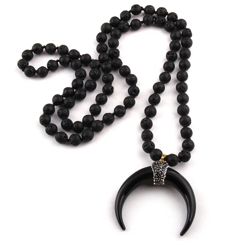 

Fashion Stones Long Knotted Ox Horn Moon Pendant Necklace Lariat women Necklaces, Black ,white,blue