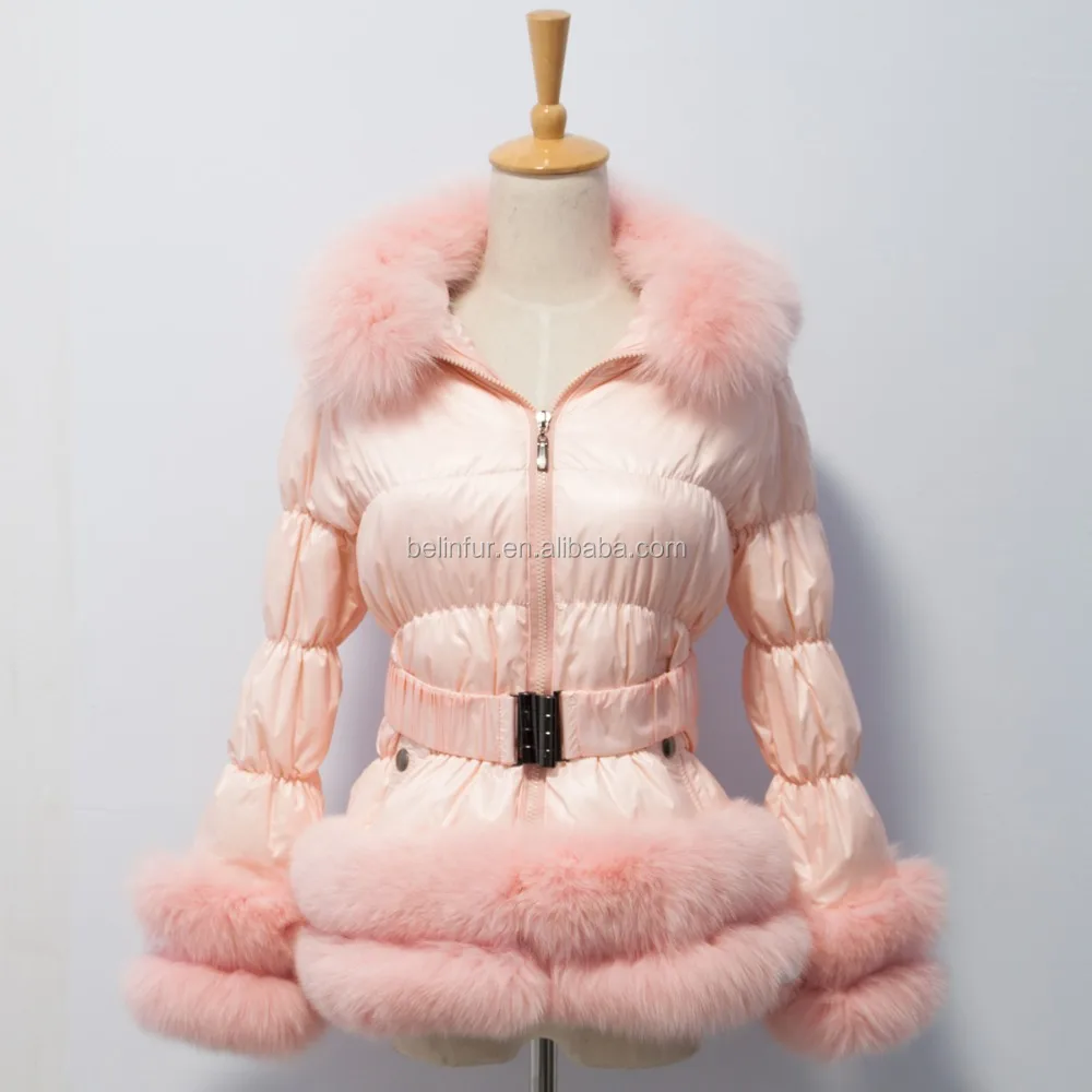 

Showmefur Best Sales Girls Winter Pink Down Coat with Double Fox Fur Trim Hooded Down Jacket, Multi color
