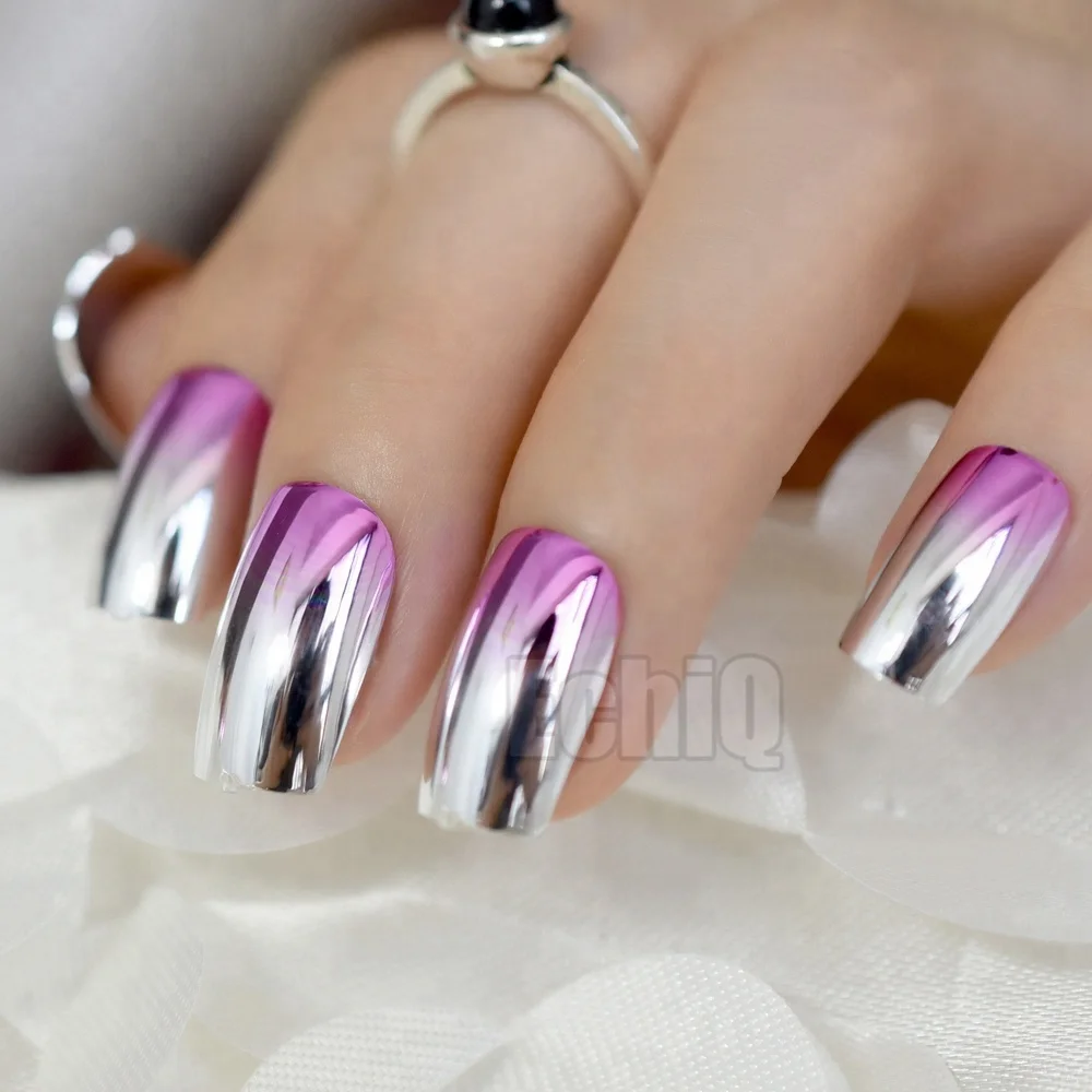 

Cool Mirror Fake Nail Rose Pink Gradeint Squoval Silver Metallic Medium-long Artificial Nails Color Choose 24 count Z929