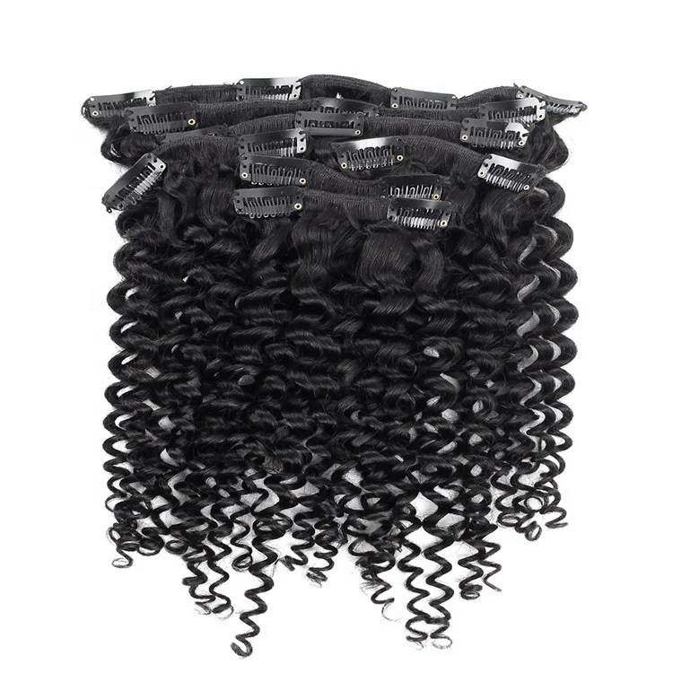 

Best selling 18 clip ins per pack virgin malaysian curly clip in human hair extensions, Natural color