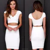 New arrival low back design scalloped V neckline two piece bodycon dress in white