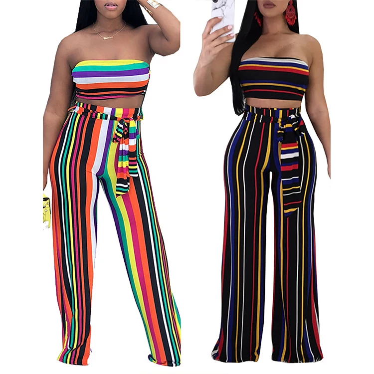 

2019 Manufacturer Price Strapless Crop Top Sleeveless Wide Leg Stripes Ladies Jumpsuit, N/a