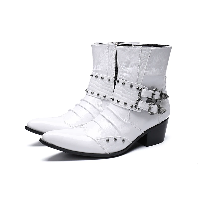 

NA111 Genuine Leather Short Designer Ankle Full Grain Pointed Toe Real Fashion Zipper Mens High Heel Boots Autumn White Boots, As the picture