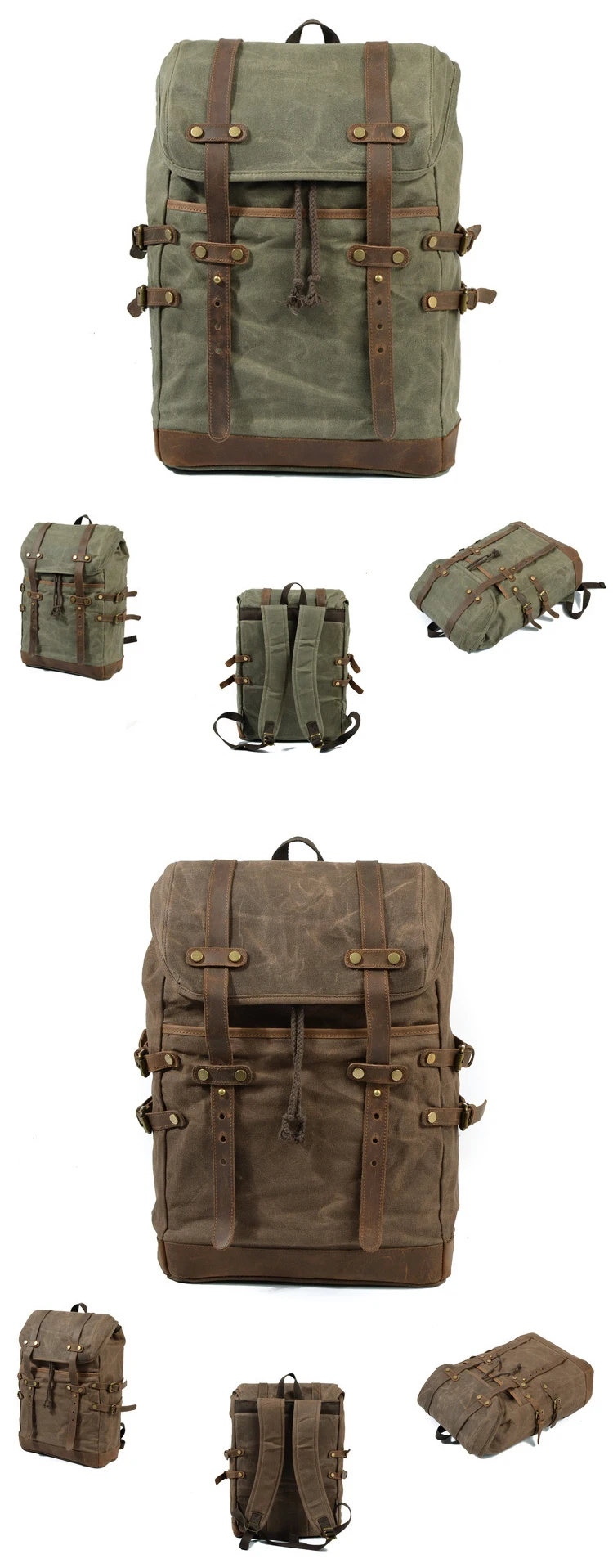 2018 New design waxed retro canvas waterproof causal stylish rucksack bag backpack back pack leather trim