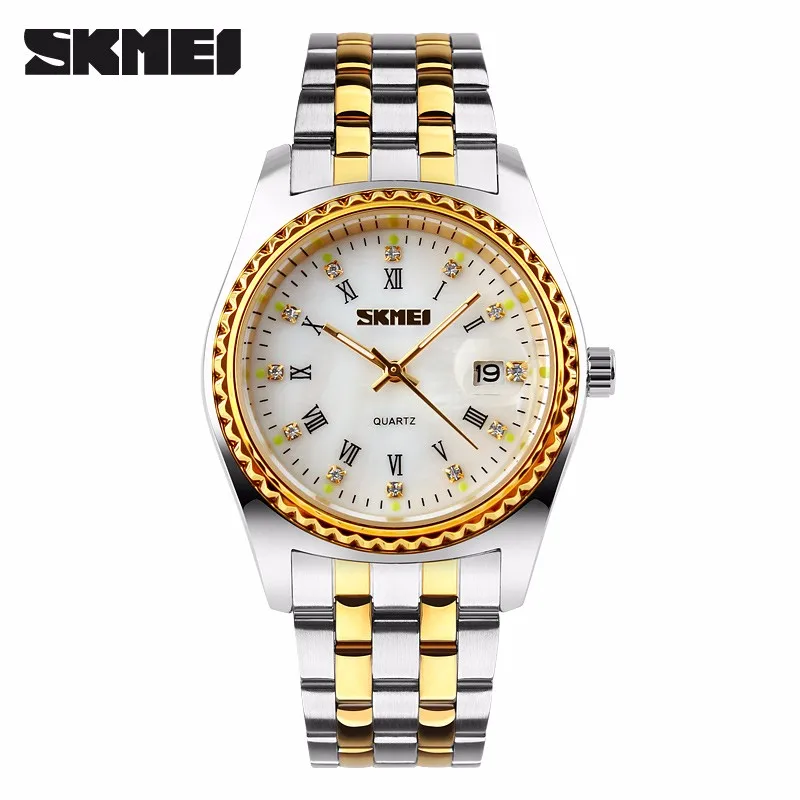 

SKMEI 9098 couple size gold plated stainless steel back men quartz water resistant 3 atm watch luxury brand with wholesale price