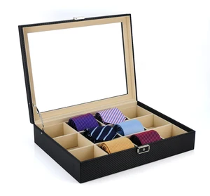 Sonny Leather Display Box for Ties & Belts Black Carbon Fiber Storage Case for Mens Accessories