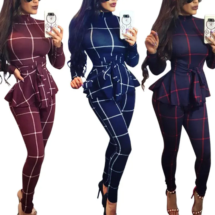 

81106-MX92 3 colors ladies bodycon plaid printed jumpsuit one piece