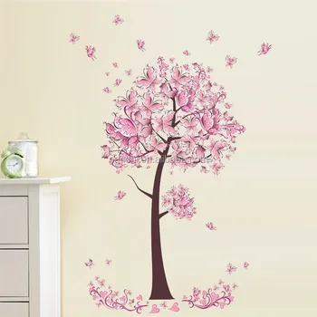Zy075 Pink Pensil Kupu Kupu Bunga Pohon Stiker Dinding Untuk Ruang