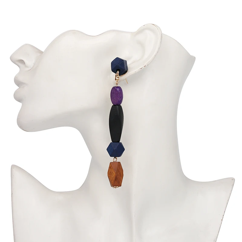 

JuJia Stock New Design Women Earrings Mix Color Stereoscopic Cylinder Wooden Drop Earrings, Picture