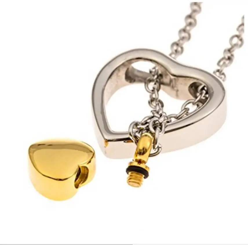 

Double Heart Golden Cremation Urn Jewelry Necklace Pendant Funnel Fill Kit Keepsake Memorial Ashes, Picture
