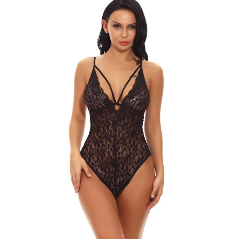

Ladies Lace Hollow Cross Straps Jumpsuit Hot Sexy Transparent Lingerie, N/a