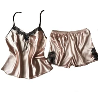 

ladies Satin pajamas two pcs set with lace decoration sexy sleepwear