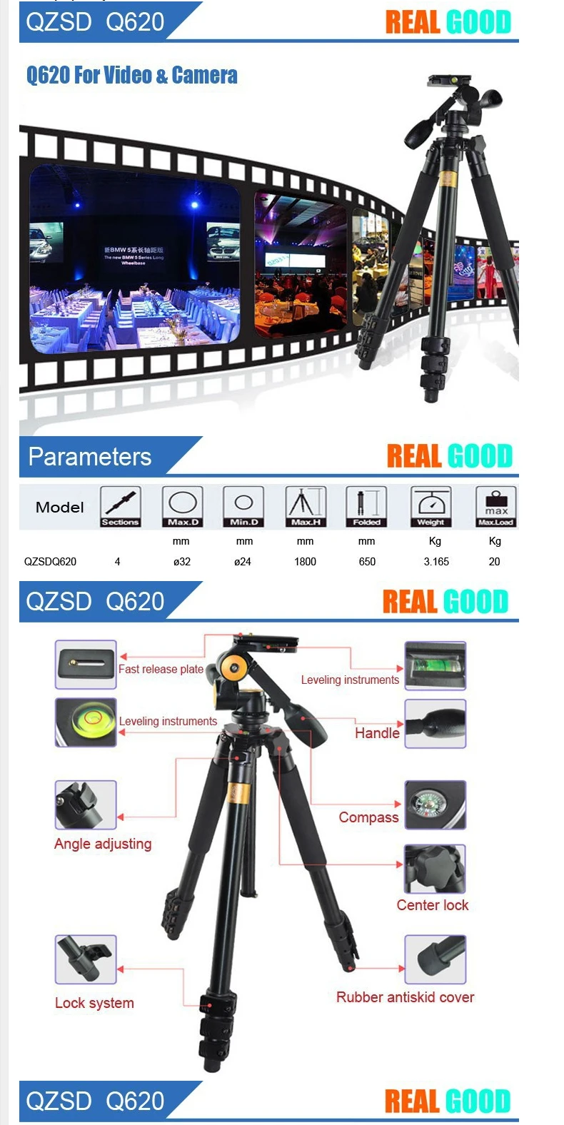 Qzsd Q620 Professional Dslr Video Camera Tripod + Panoramic Head Stable