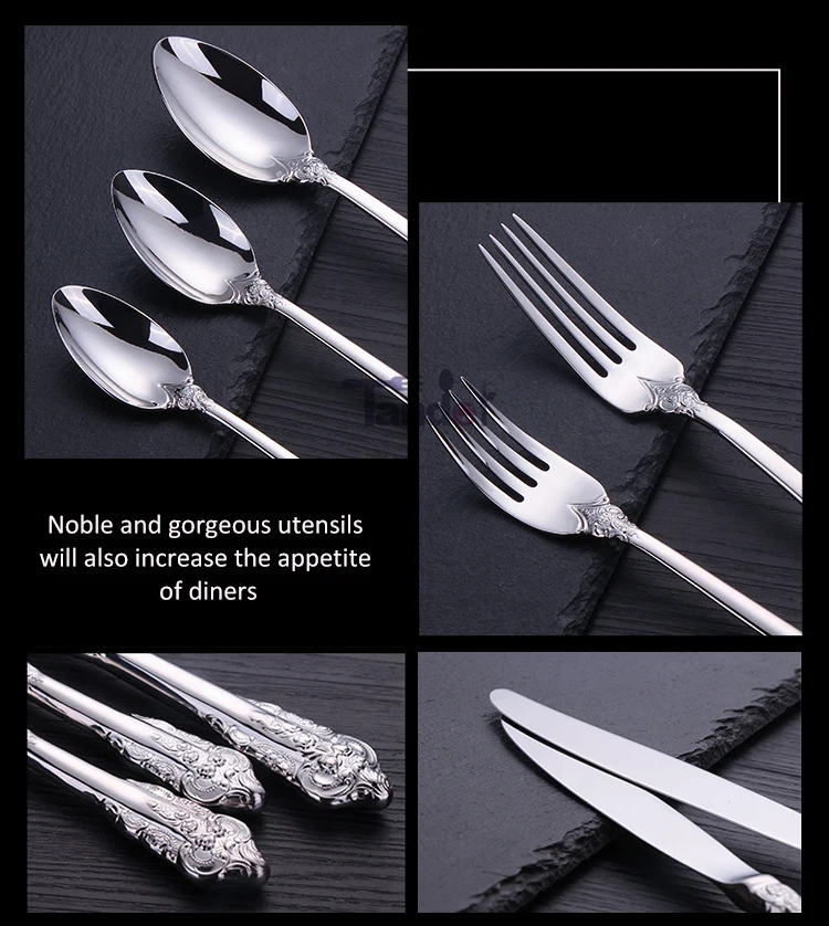 European Style Mirror Polish Silver Cutlery Set Classic Anaglyph