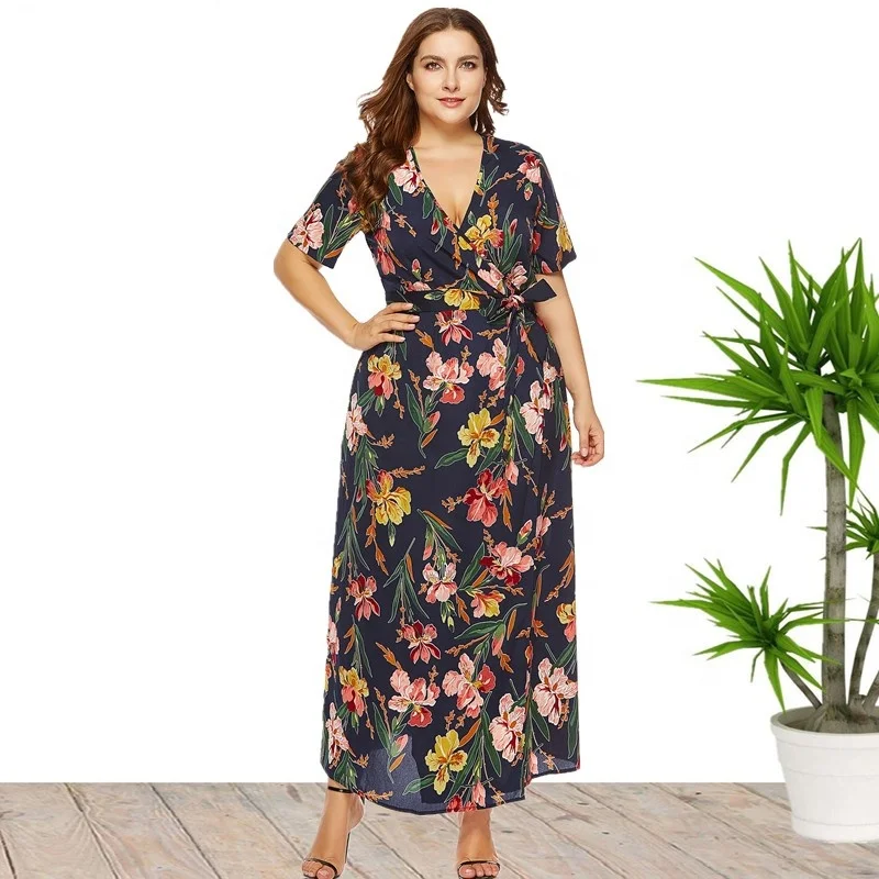 

2021 Floral Print Short Sleeve 3XL Plus Size Maxi Long Leopard Summer Wrap Dress For Women