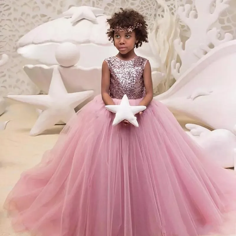 

ZH0322X Pink Sequins Flower Girl Dresses Tulle Flowergirl Dress Jewel Neck With Bow Sleeveless Puffy Pageant Gown, Custom made