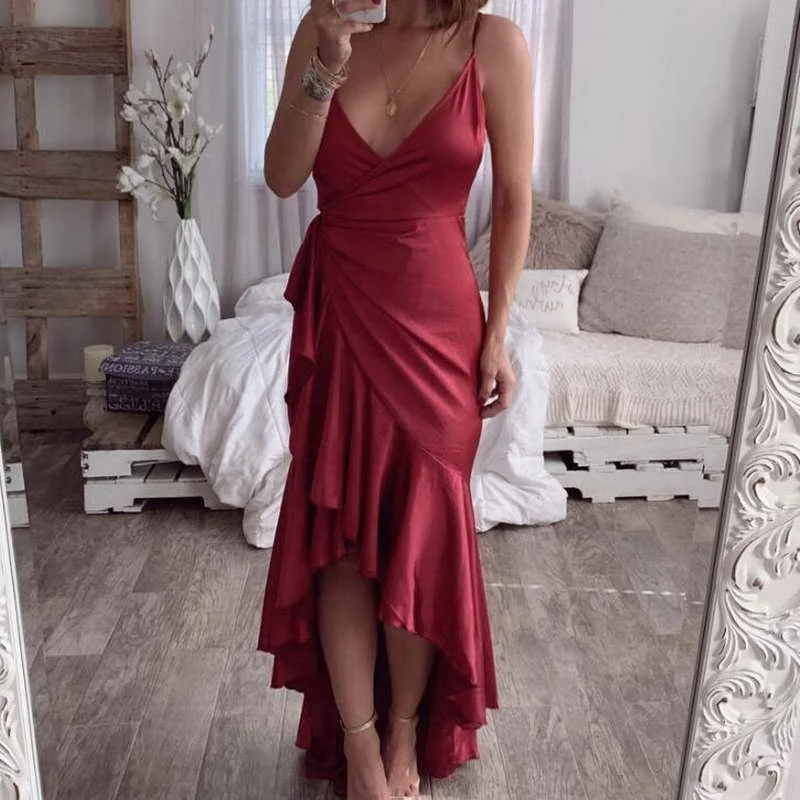 

High quality V Neck Sexy Backless Sleeveless Maxi Strap Skirt Irregular Ruffles Women Night Party Dresses, As picture