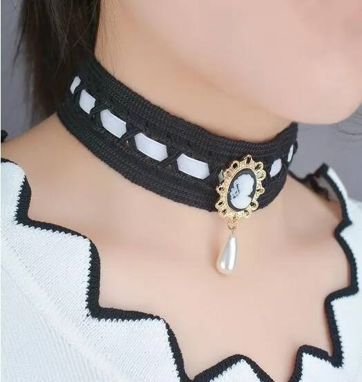 

Gothic Victorian Lady Head Pearl Drop Pendant Choker Ribbon Collar Necklace