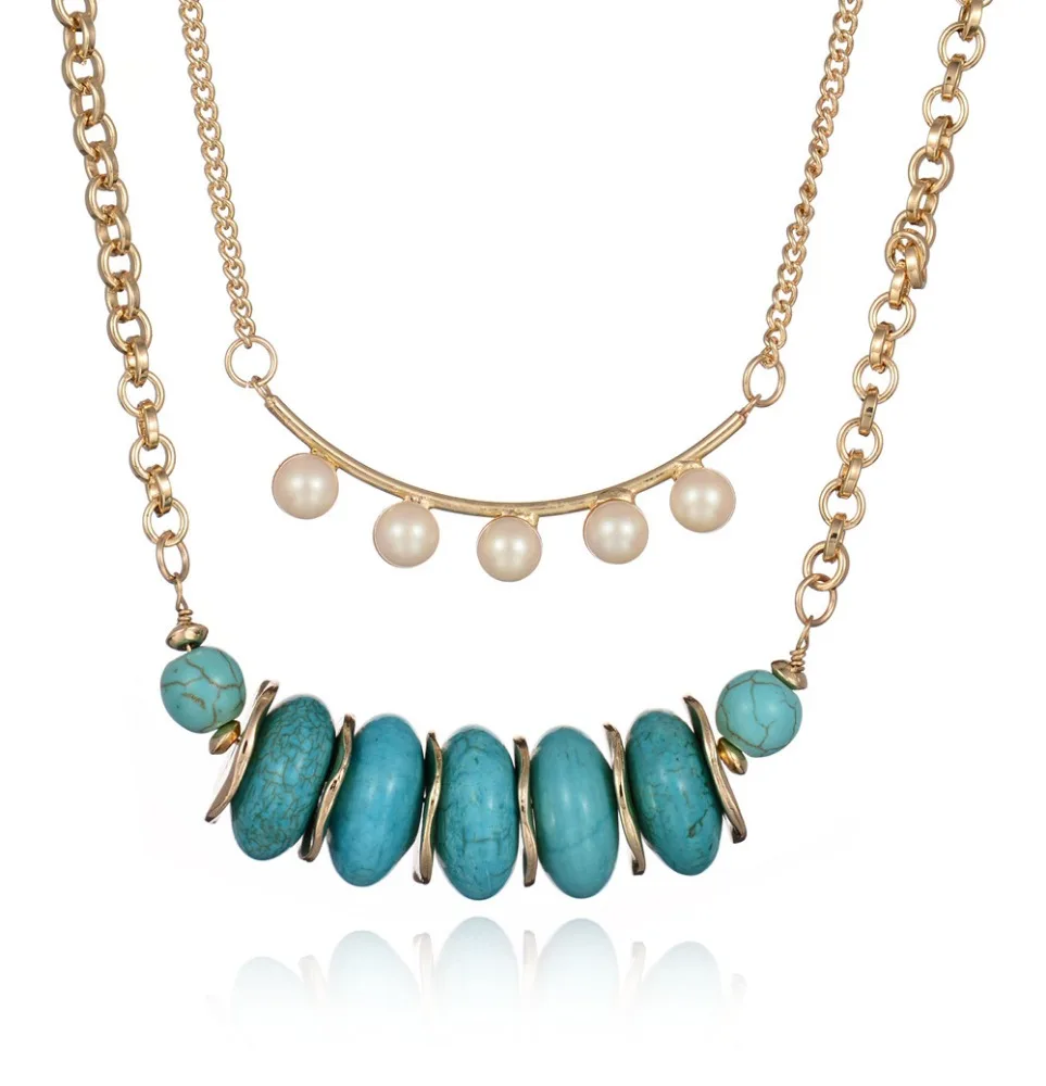 

Genuine turquoises with pearls pendent double chain necklace