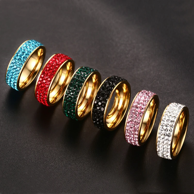 

YWMT 2018 Wholesale 7mm Shambala Bijoux Colorful Full Crystal Stainless Steel Ring For Women, Black/white/blue/green/red/pink