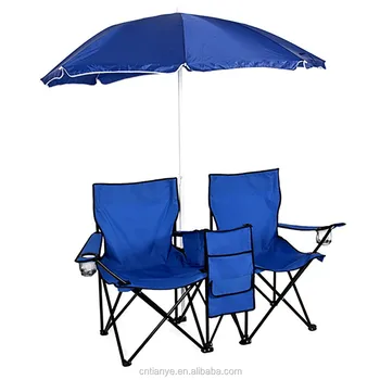 Picnic Double Folding Chair W Umbrella Table Cooler Fold Up Beach