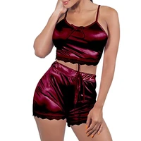 

Top Quality Romance Wine Red Sling Tie Lace Trim Sleepwear Set Large Size High Grade