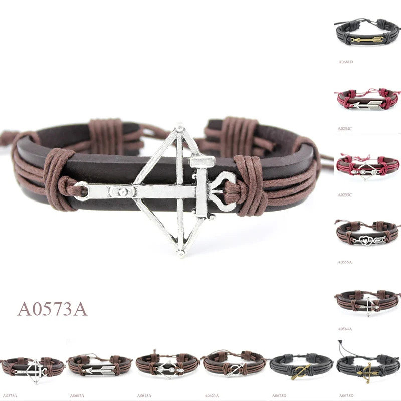 

Handmade Adjustable Stainless Steel Bow Arrow Archer Charm Mens Genuine Leather Bracelet, Silver plated