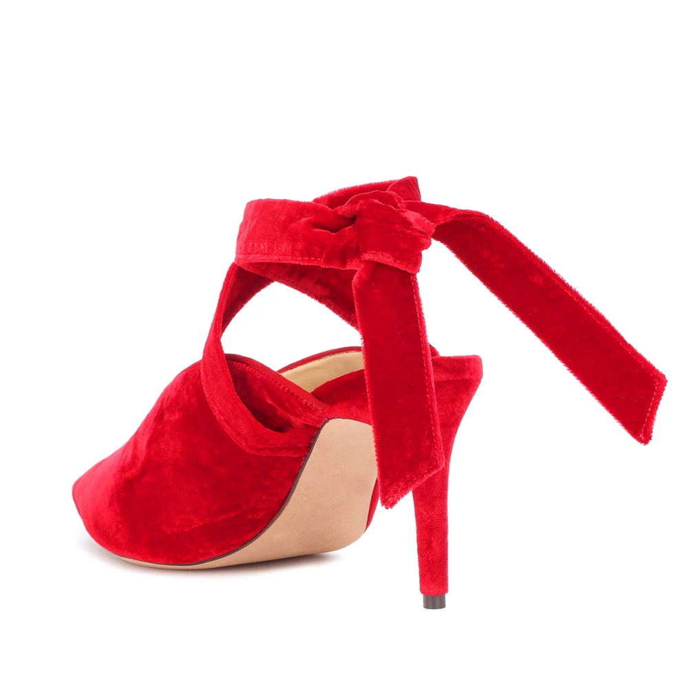 Pointy High Heel Red Velvet Pumps Women Stylish Ankle Wrapped ...