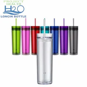 Image of Clear Drinkware Double Wall Plastic Insulated Skinny Acrylic Tumbler With Straw