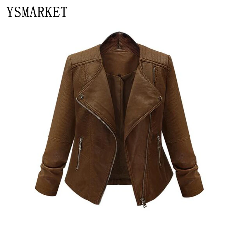 

XL~5XL Women's Autumn Oversize Brown Faux Leather Collar Lapel Zipper Motorcycle Short Jacket Long Sleeve Zipper Closure Coat, N/a