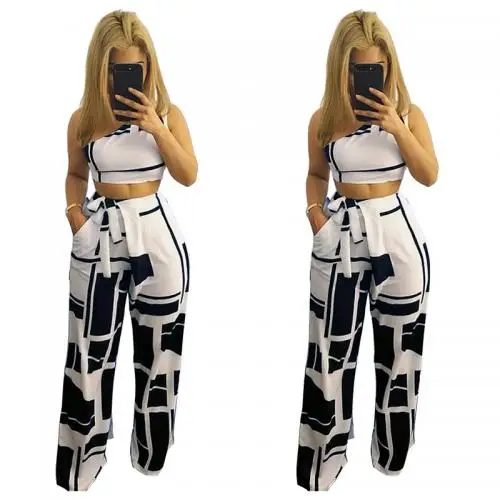 

Black and white Wide Leg Trousers Shoulder Women Casual Set 192500
