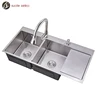 Double Headed Faucet Brushed Hole Kitchen Sink With Drain Board