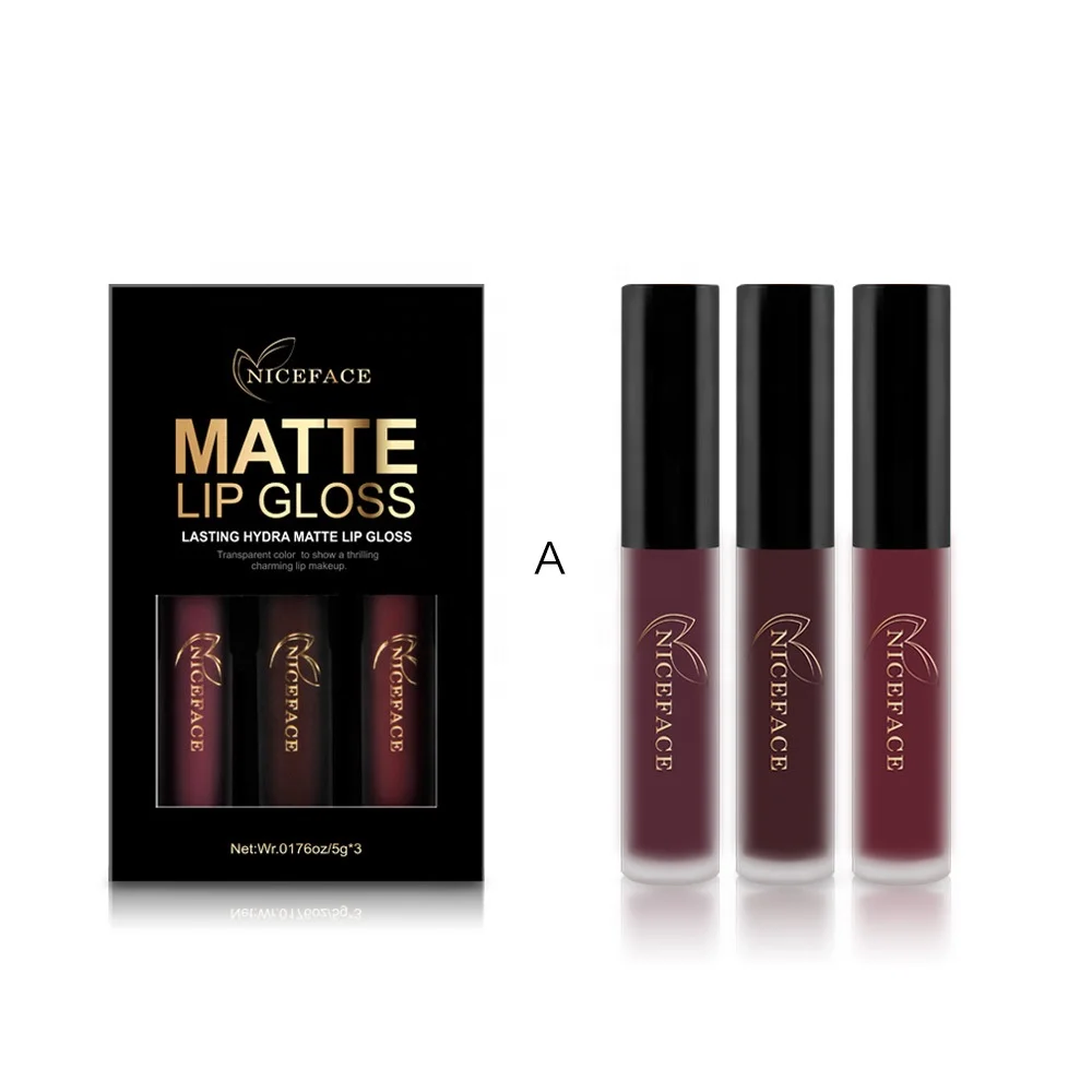 

Hot Selling Niceface 3pcs per Set Lipgloss Sexy Matte Makeup Set Long Wear Hydrating Satin Liquid Lipstick, 3 colors