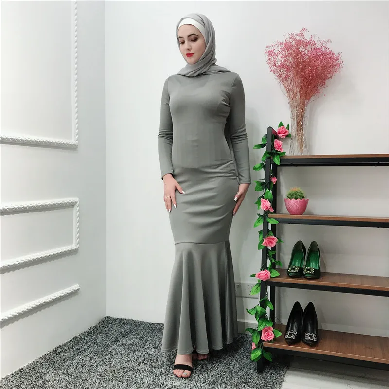 

Fashion tight slim fishtail bottom plain under abaya wholesale long sleeve women inner dress, White,black,blue,gray,pink,wine red, beige
