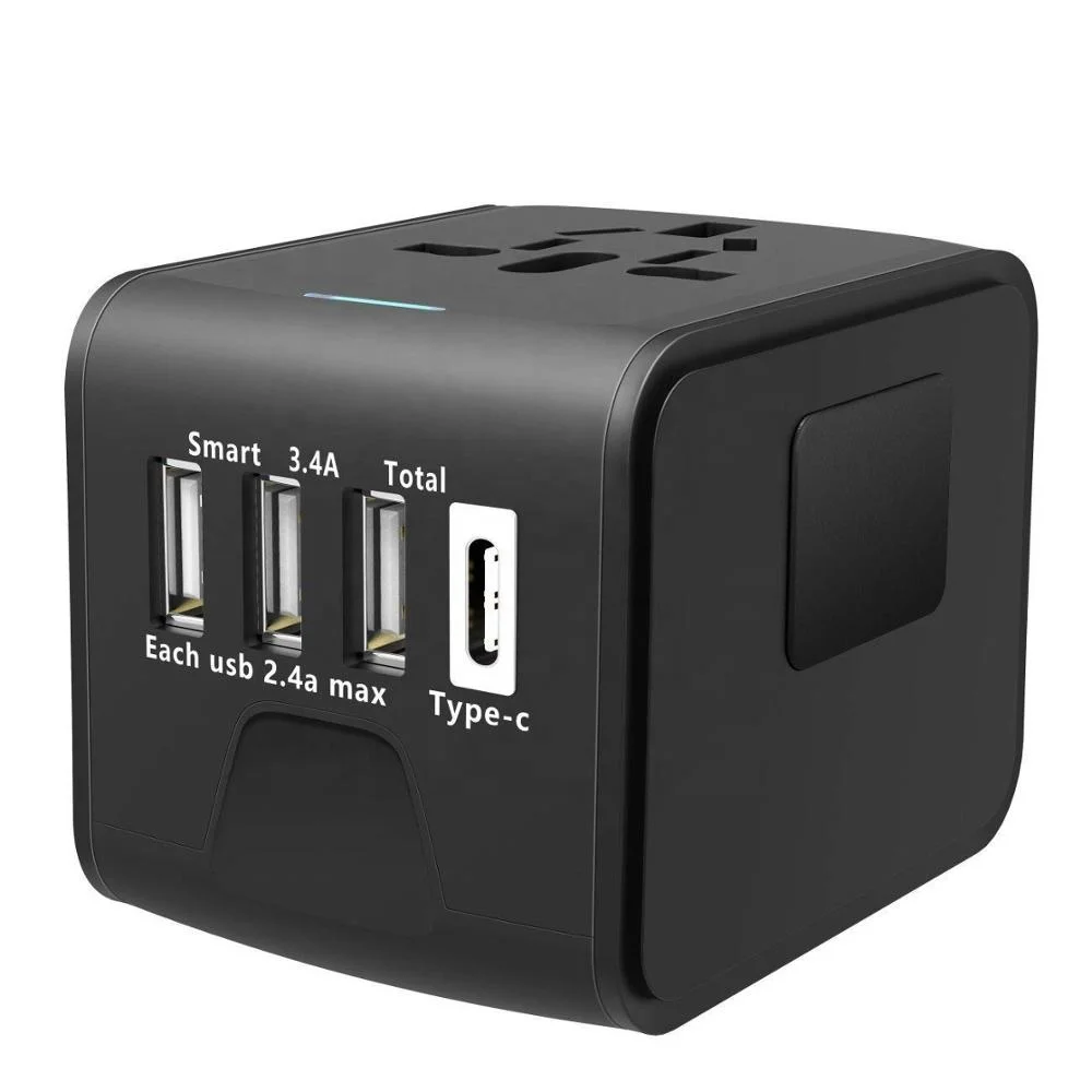 

World universal travel adapter/global travel adapter with four usb and type-c smart USB charger electrical plug socket, White as customer requires