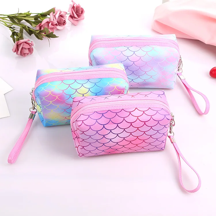 

New Small Size Creative Red Dazzle Color PU makeup bag Leather Fish-scale Pattern Cosmetic make up Bag Set, As pics